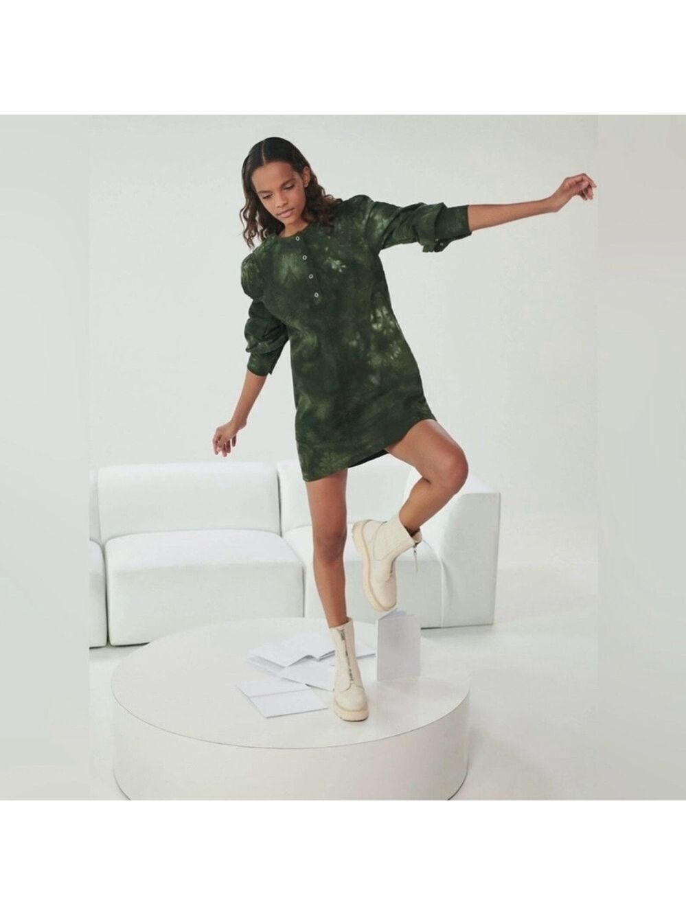 Something Navy Edie Long Balloon Sleeve Mini Dress Women’s S Army Green Tie-Dye